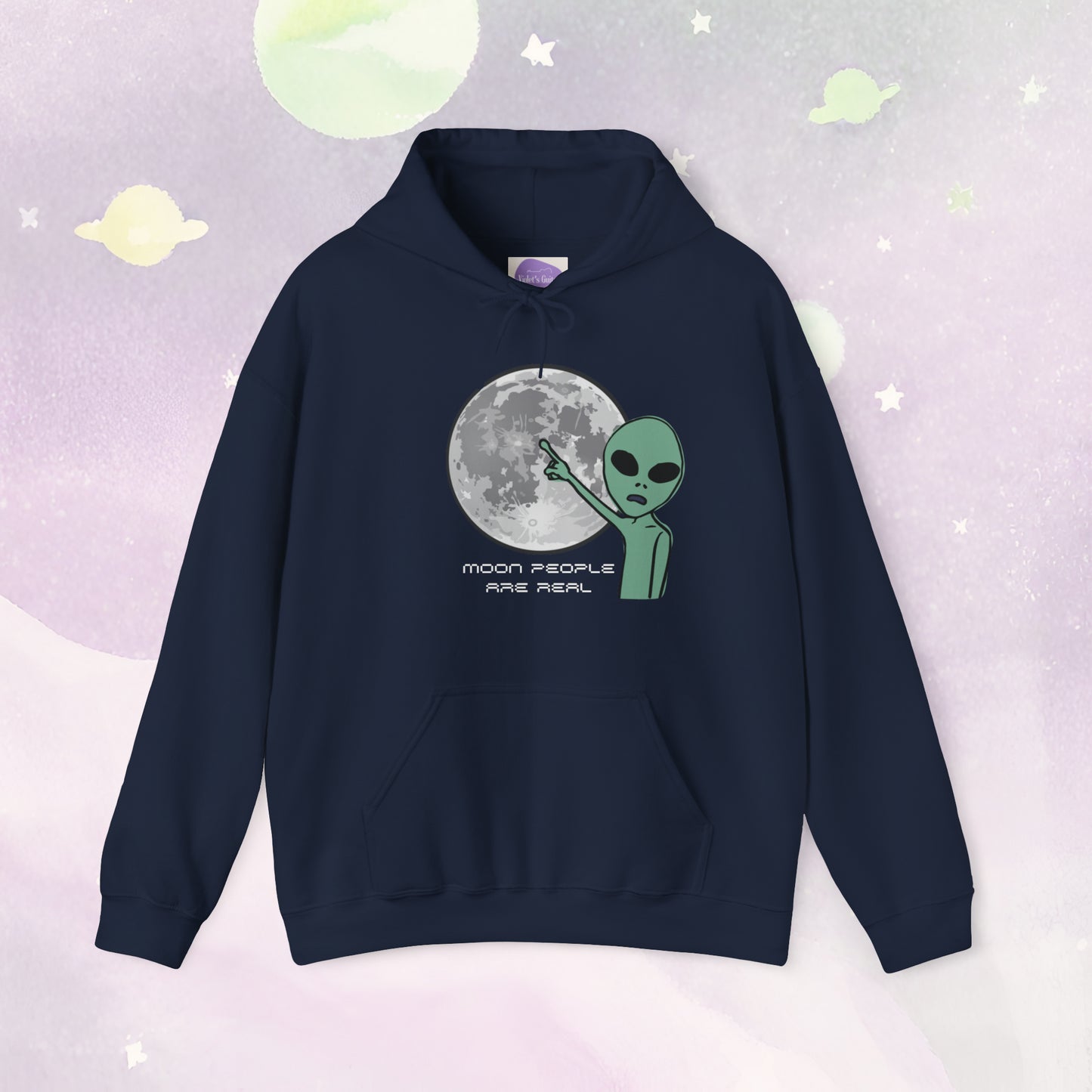 Playful Lunar Whimsy: 'Moon People are Real' Cheeky Hoodie