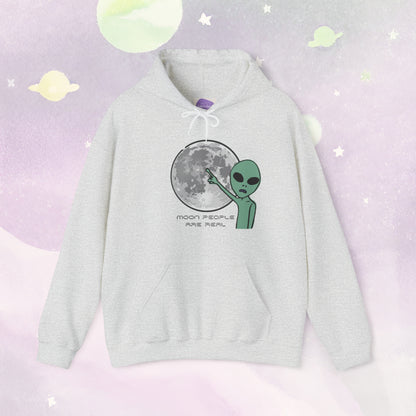 Playful Lunar Whimsy: 'Moon People are Real' Cheeky Hoodie